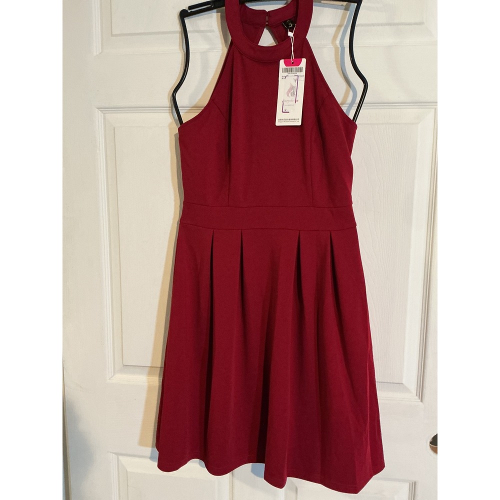 Berydress Burgundy Halter Neck Open Back Skater Dress Mini Pleated Size Small